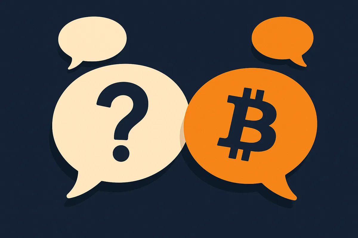 Illustration of speech bubbles containing a question mark and a bitcoin symbol