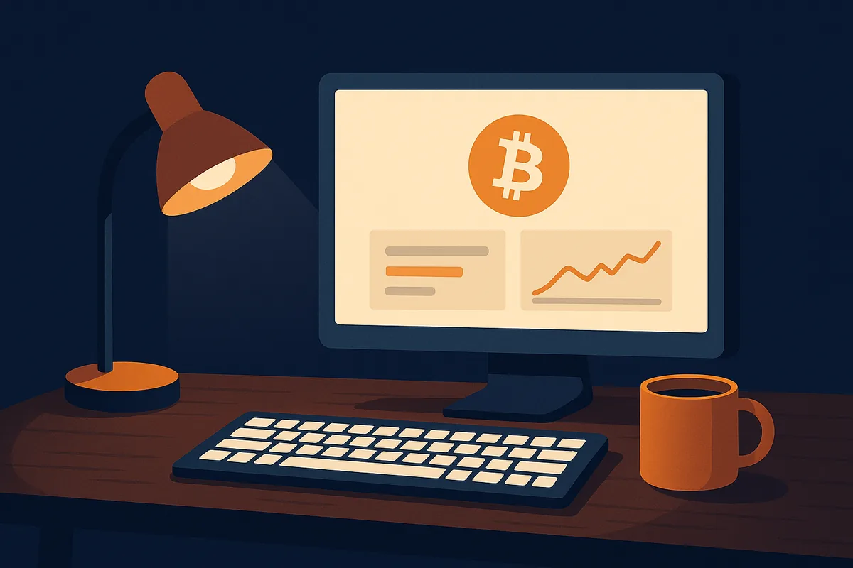 Illustration of a desktop computer at night showing a bitcoin wallet dashboard