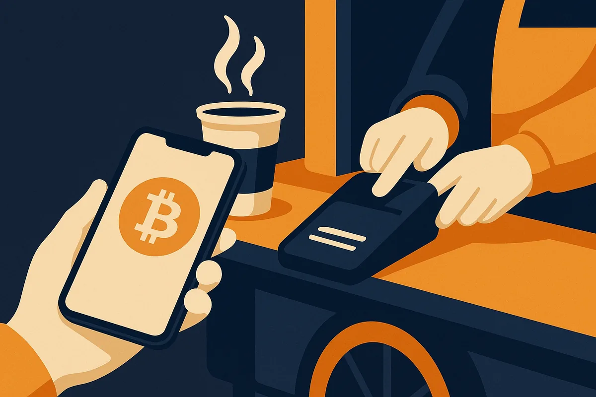 Illustration of a hand holding a phone with a bitcoin wallet app, paying at a coffee cart