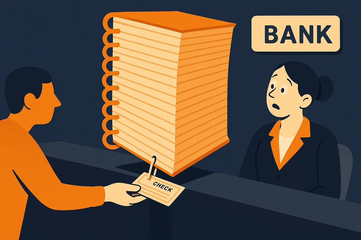 Cartoon of a customer handing a bank teller a check with an enormous notebook stapled to it
