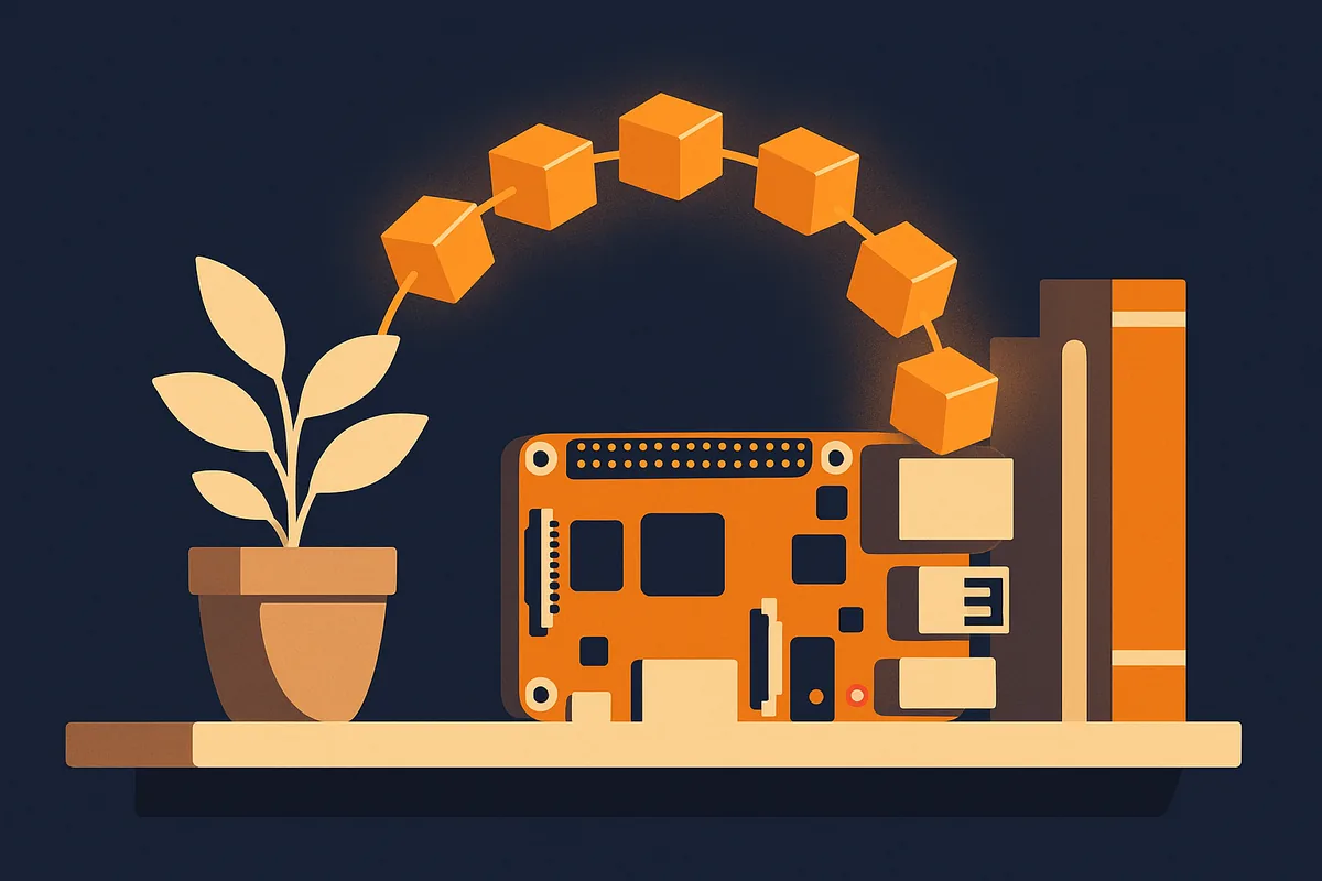 Illustration of a tiny single-board computer on a bookshelf with a chain of glowing blocks flowing into it